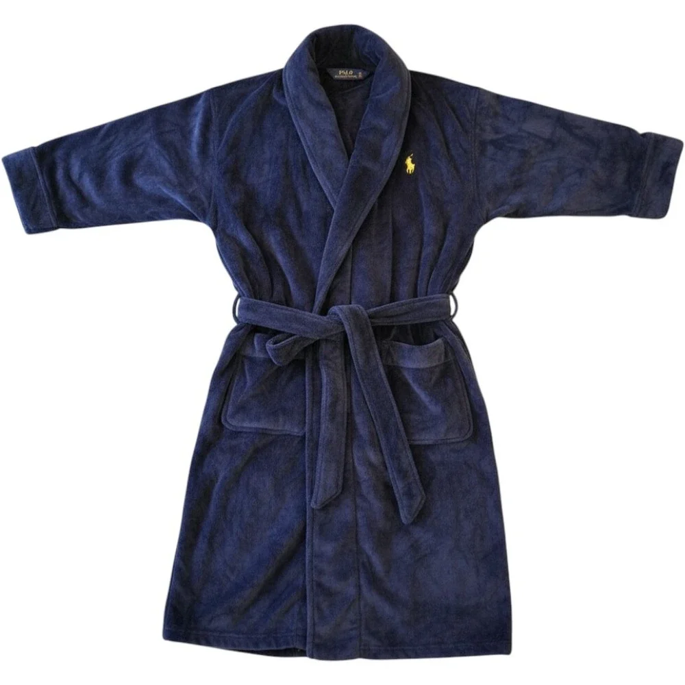 Polo Ralph Lauren Mens Navy Blue Plush Fleece Robe One Size Shawl Collar Pony